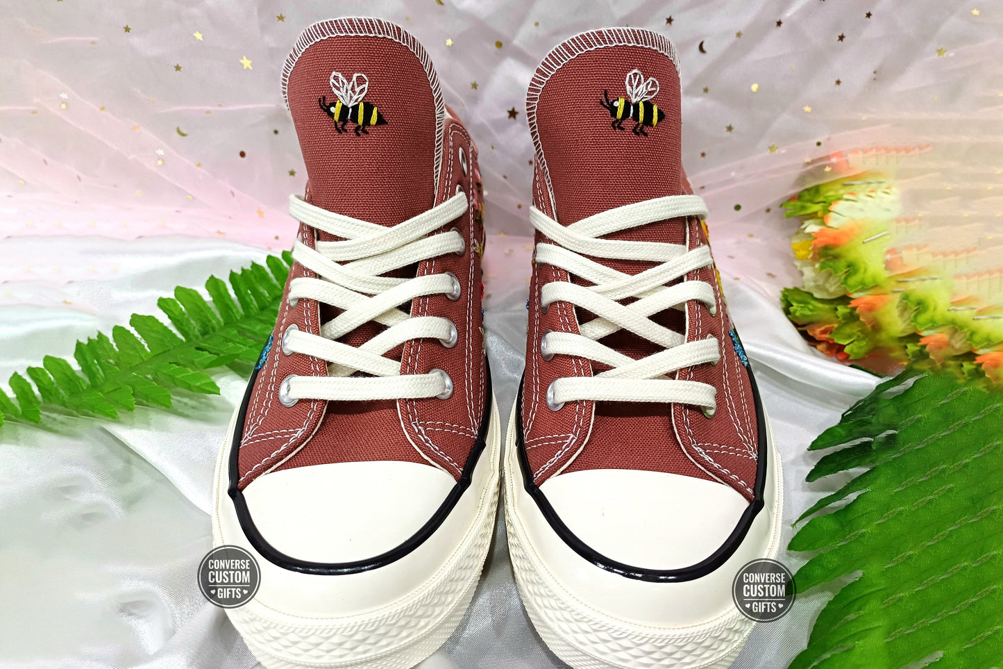 Colorful Wildflowers and Bees - Personalized Embroidered Low Top Shoes - Custom Low Top Shoes for Women