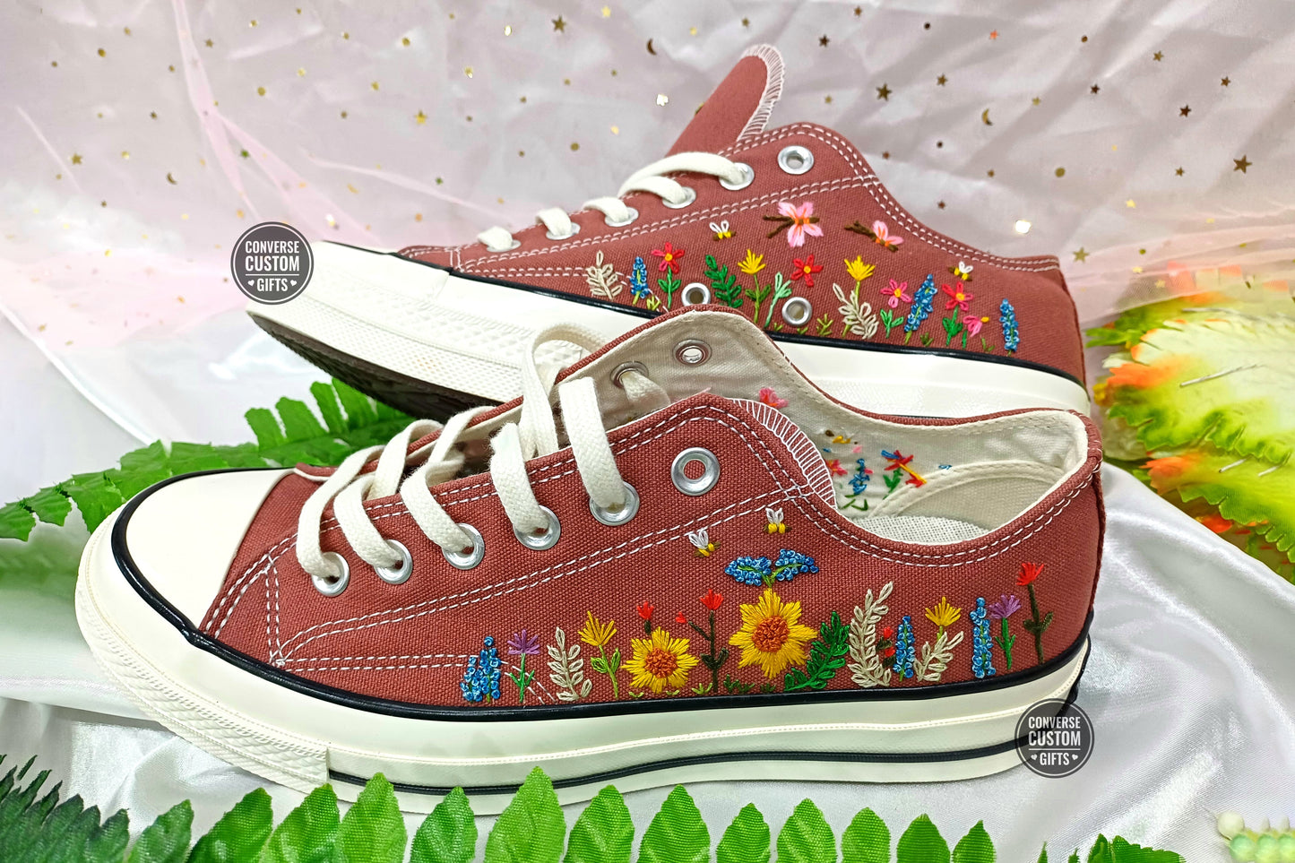 Colorful Wildflowers and Bees - Personalized Embroidered Low Top Shoes - Custom Low Top Shoes for Women