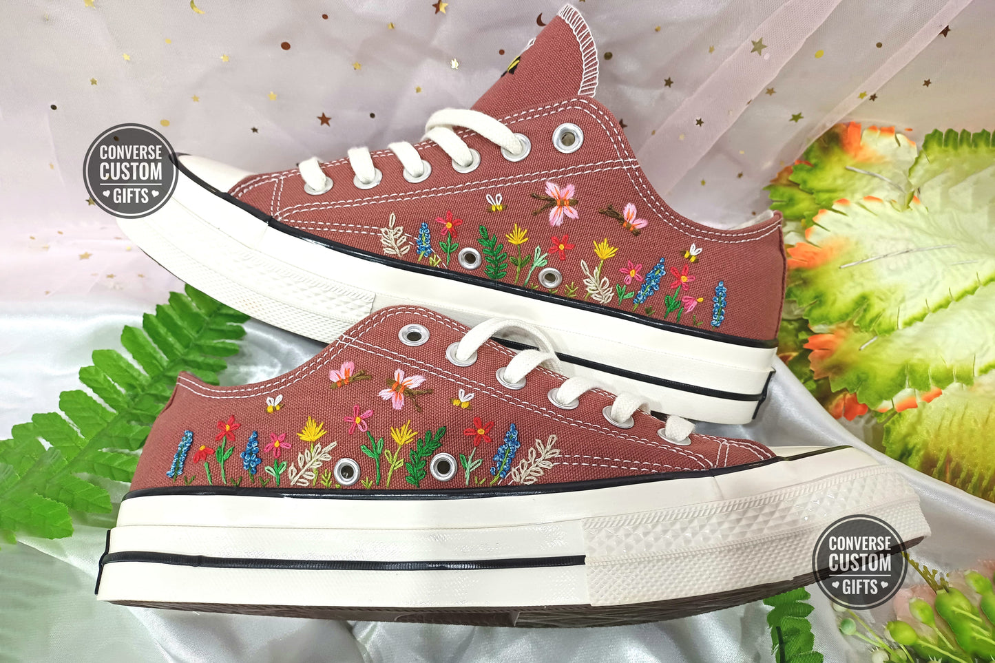 Colorful Wildflowers and Bees - Personalized Embroidered Low Top Shoes - Custom Low Top Shoes for Women