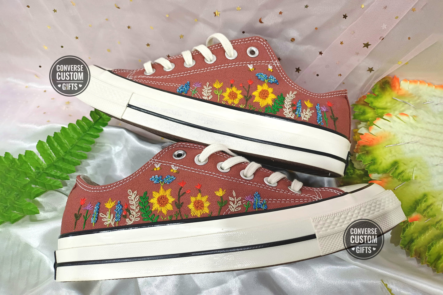 Colorful Wildflowers and Bees - Personalized Embroidered Low Top Shoes - Custom Low Top Shoes for Women