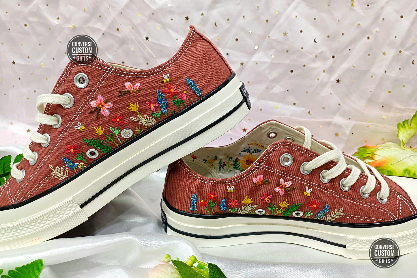 Colorful Wildflowers and Bees - Personalized Embroidered Low Top Shoes - Custom Low Top Shoes for Women