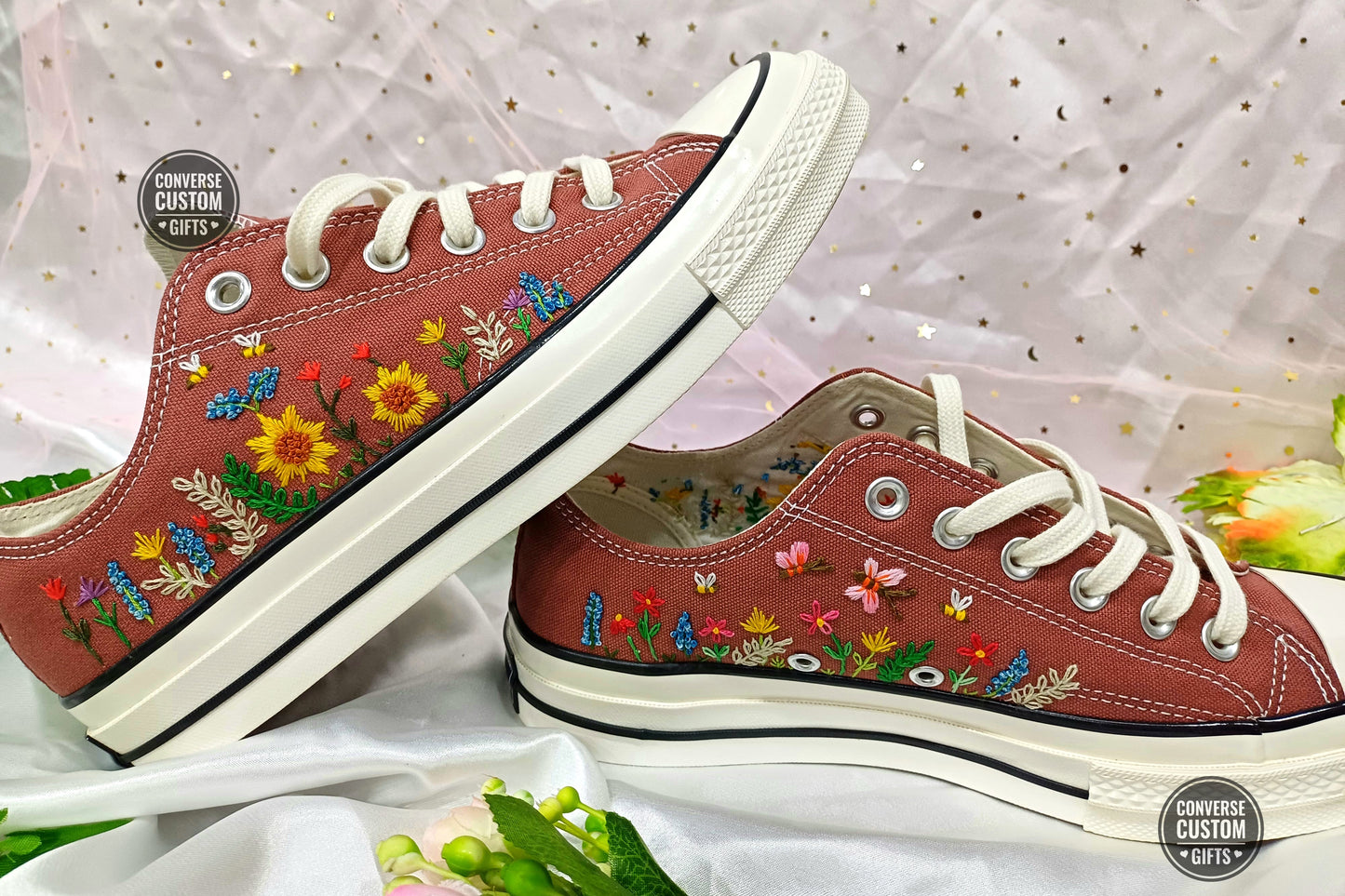Colorful Wildflowers and Bees - Personalized Embroidered Low Top Shoes - Custom Low Top Shoes for Women