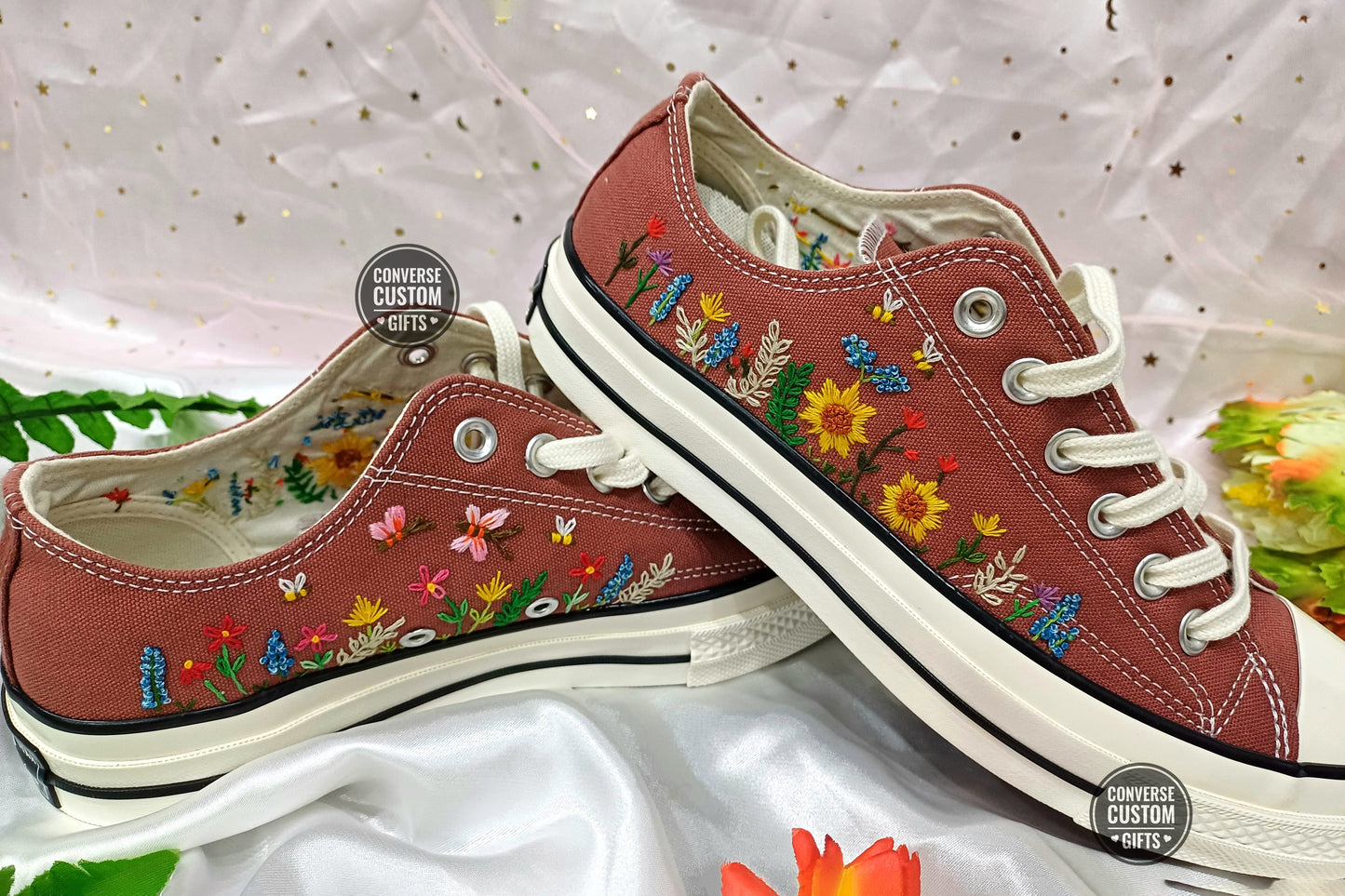 Colorful Wildflowers and Bees - Personalized Embroidered Low Top Shoes - Custom Low Top Shoes for Women