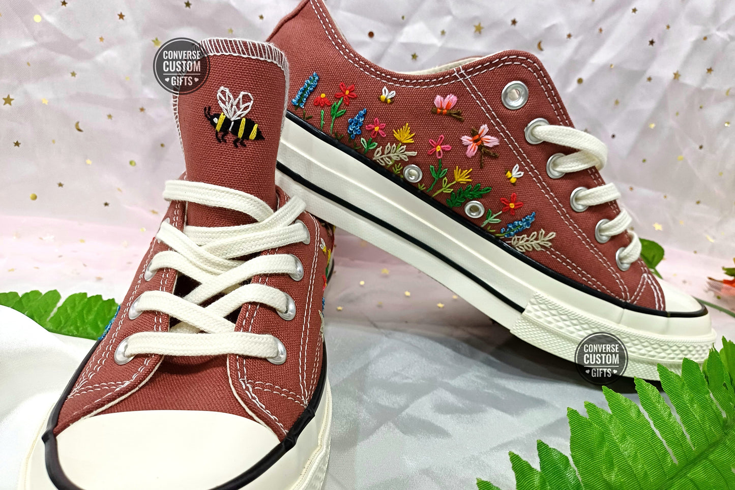 Colorful Wildflowers and Bees - Personalized Embroidered Low Top Shoes - Custom Low Top Shoes for Women