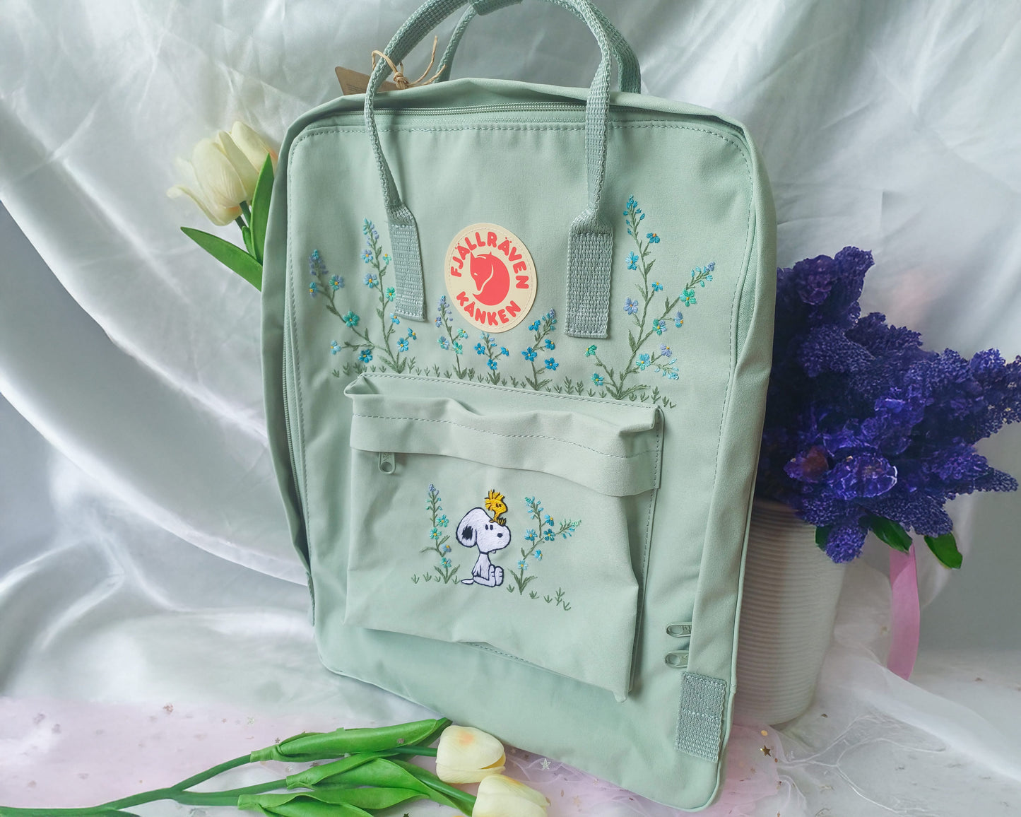 Custom Fjallraven Kanken Backpack – Forget-Me-Not Flower & Anime Embroidery - Personalized Embroidered Backpack - Custom Bag for Women