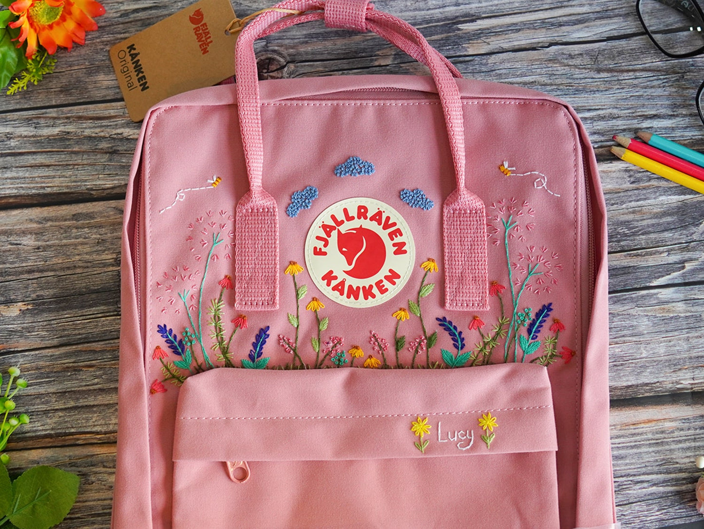 Fjallraven Kanken Backpack with Embroidered Wildflower - Personalized Embroidered Backpack - Custom Bag for Women
