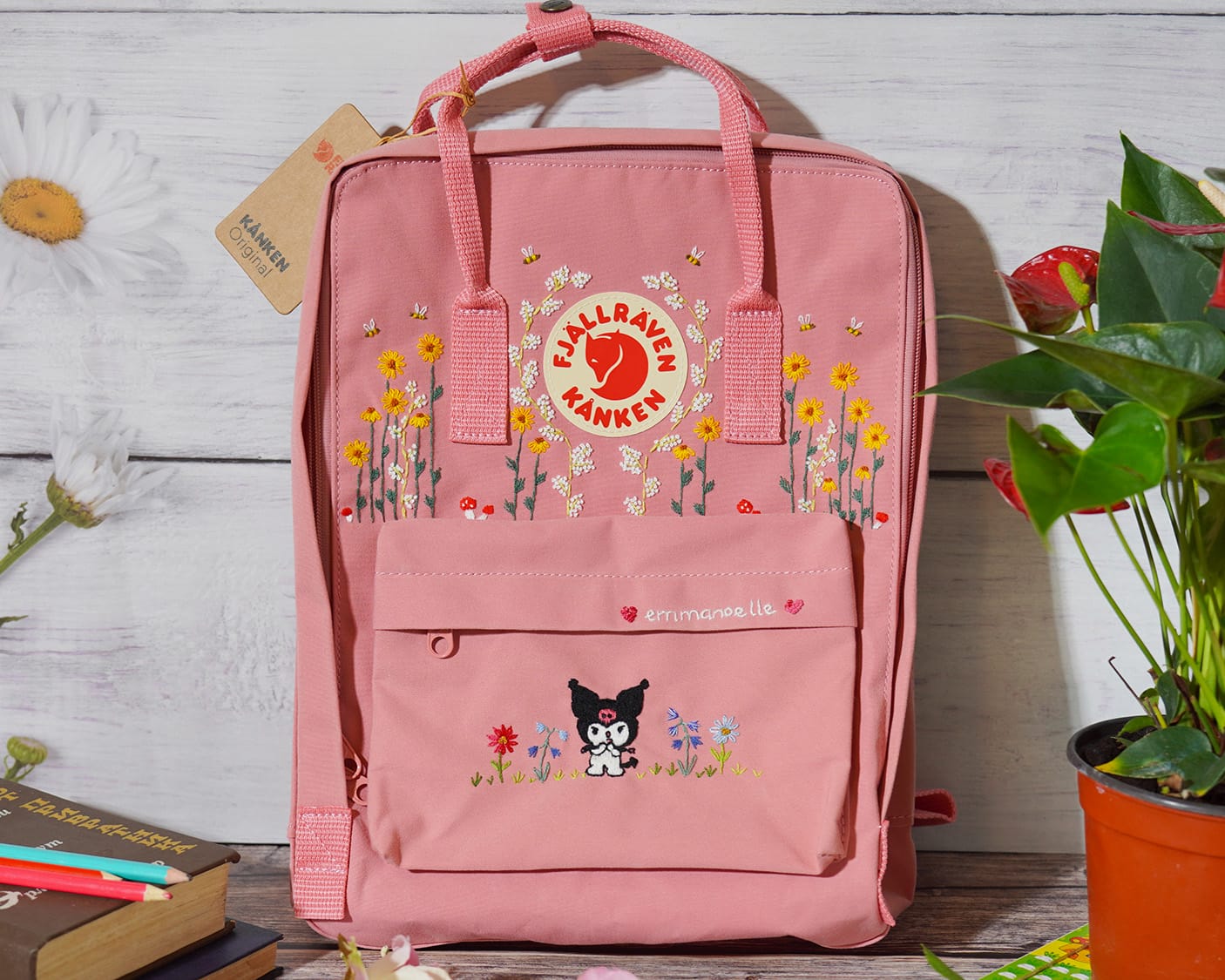Custom Fjallraven Kanken Backpack – Sunflowers, Daisies & Cartoon Design - Personalized Embroidered Backpack - Custom Bag for Women