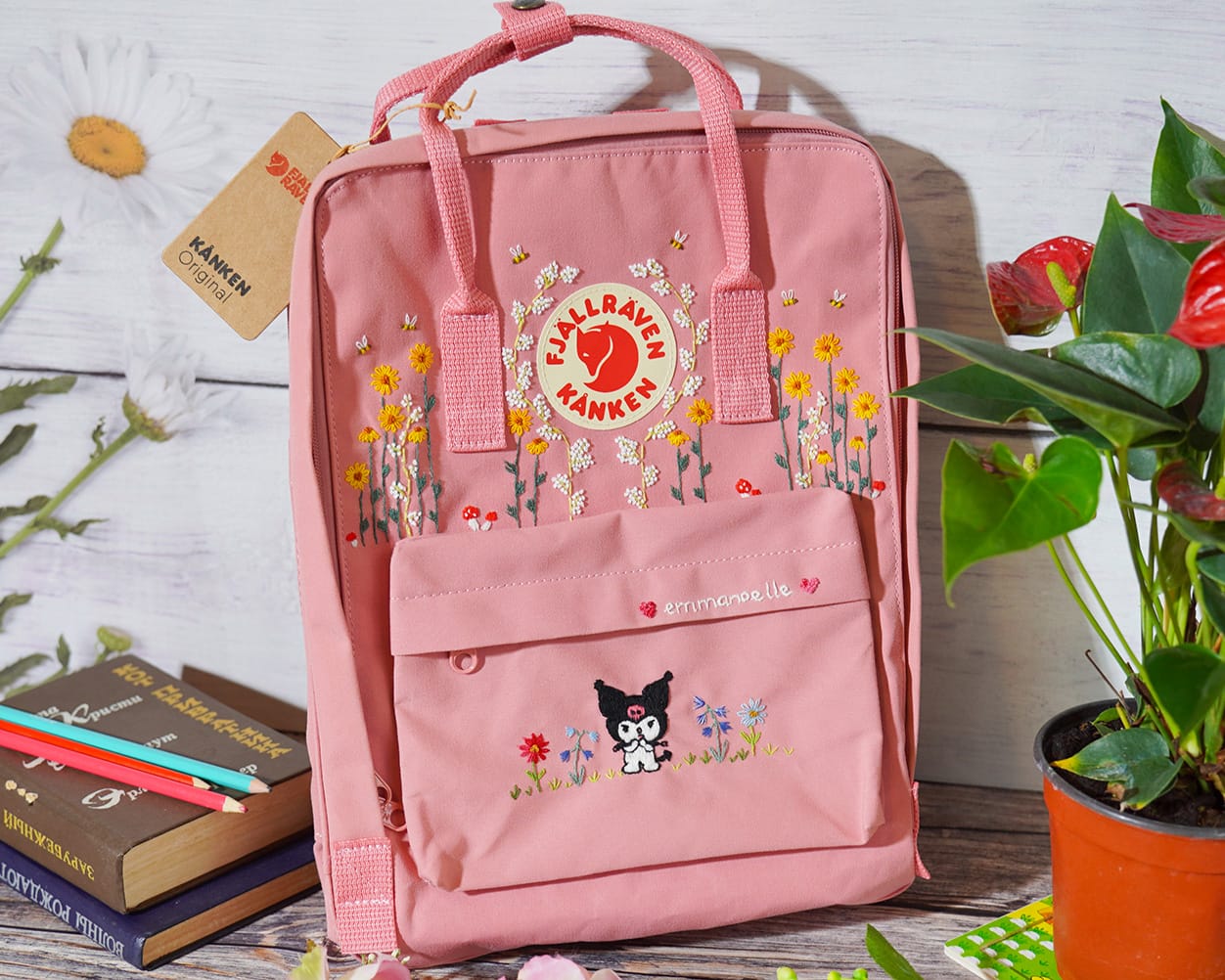 Custom Fjallraven Kanken Backpack – Sunflowers, Daisies & Cartoon Design - Personalized Embroidered Backpack - Custom Bag for Women