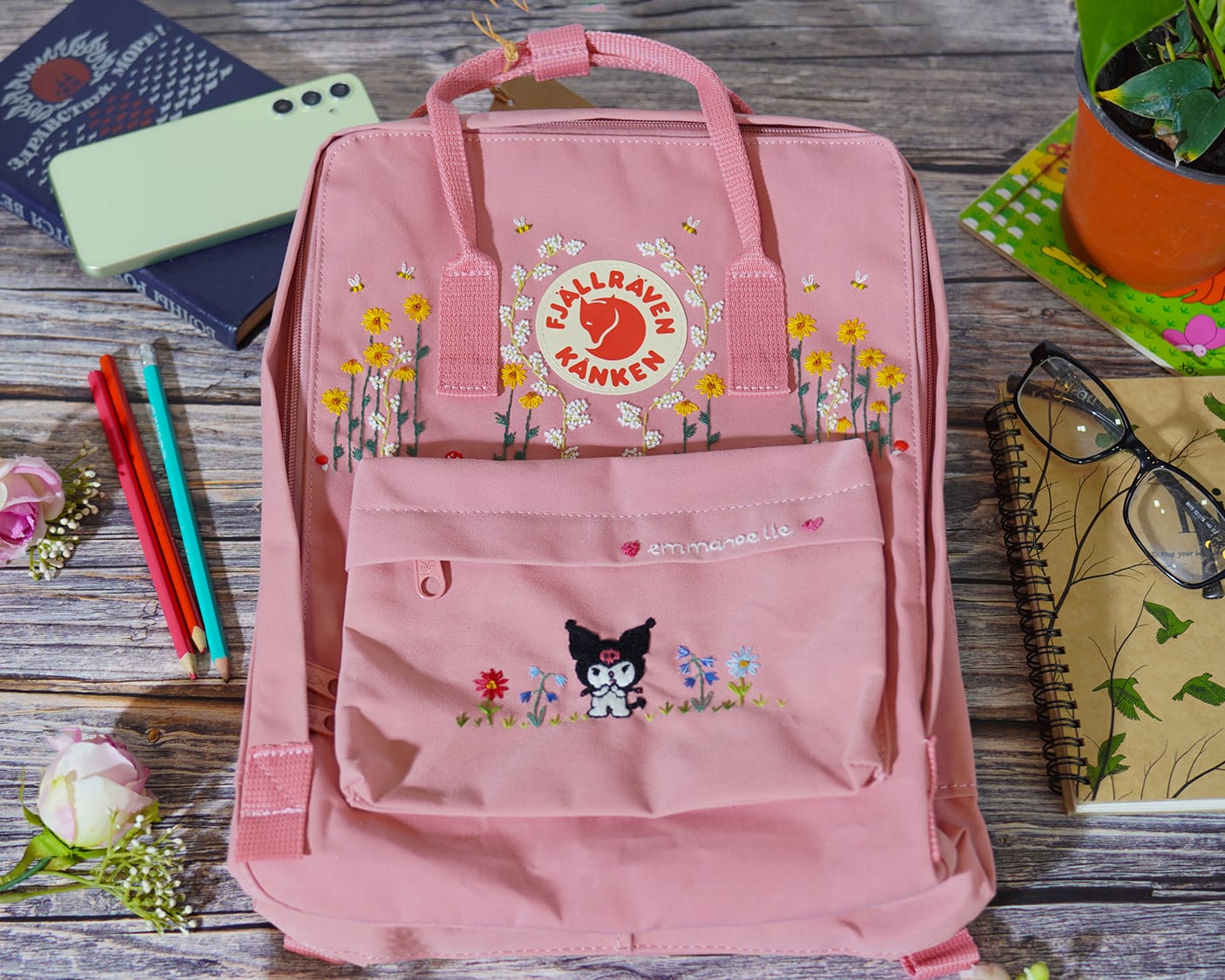 Custom Fjallraven Kanken Backpack – Sunflowers, Daisies & Cartoon Design - Personalized Embroidered Backpack - Custom Bag for Women