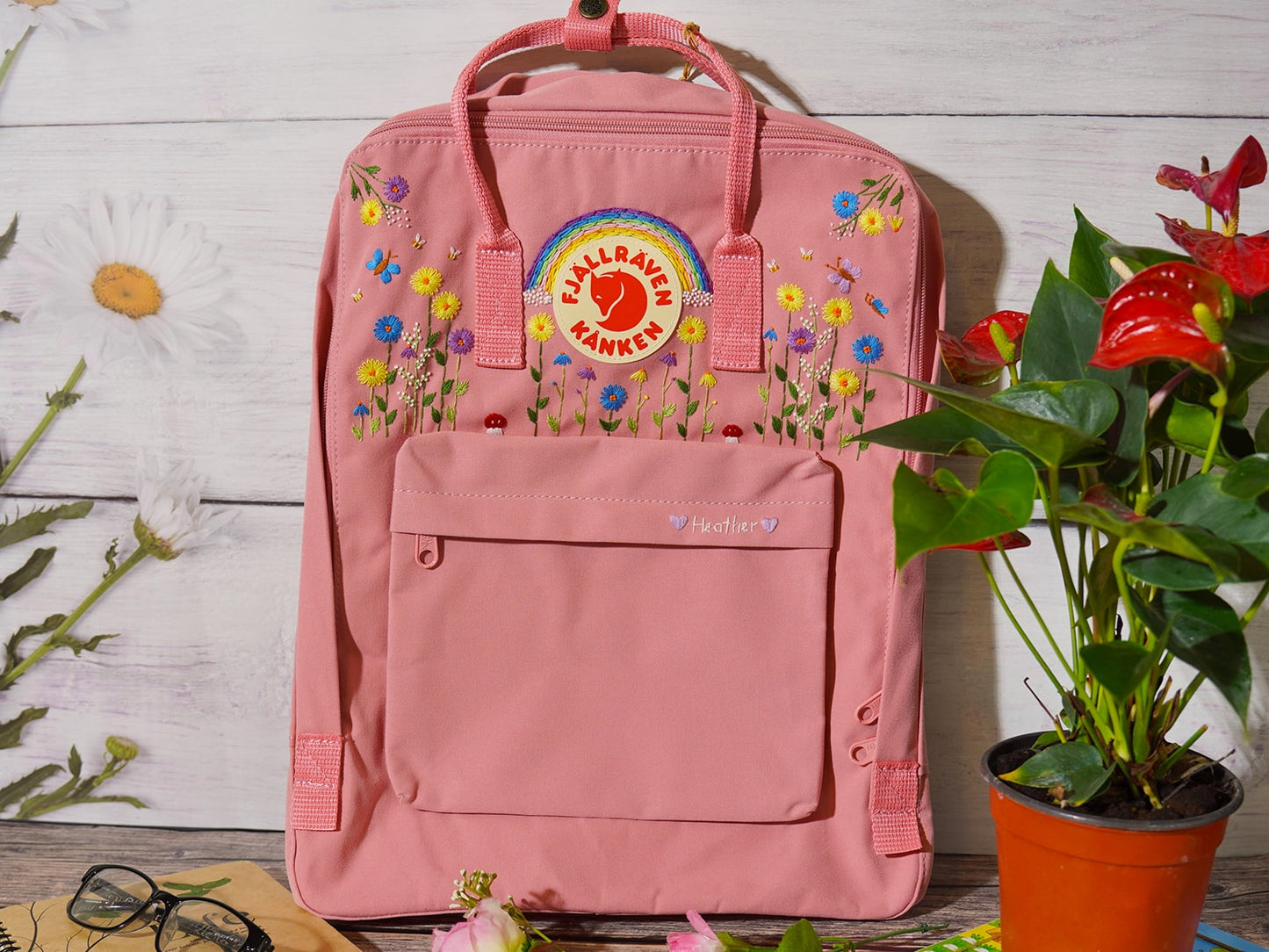Fjallraven Kanken Backpack with Embroidered Forest Flowers and Rainbow - Personalized Embroidered Backpack - Custom Bag for Women