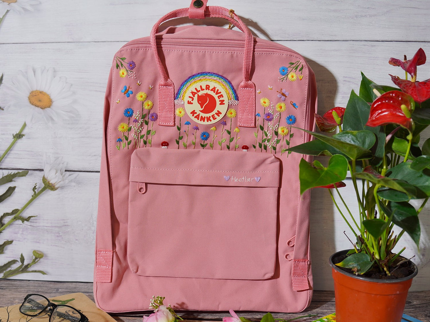 Fjallraven Kanken Backpack with Embroidered Forest Flowers and Rainbow - Personalized Embroidered Backpack - Custom Bag for Women