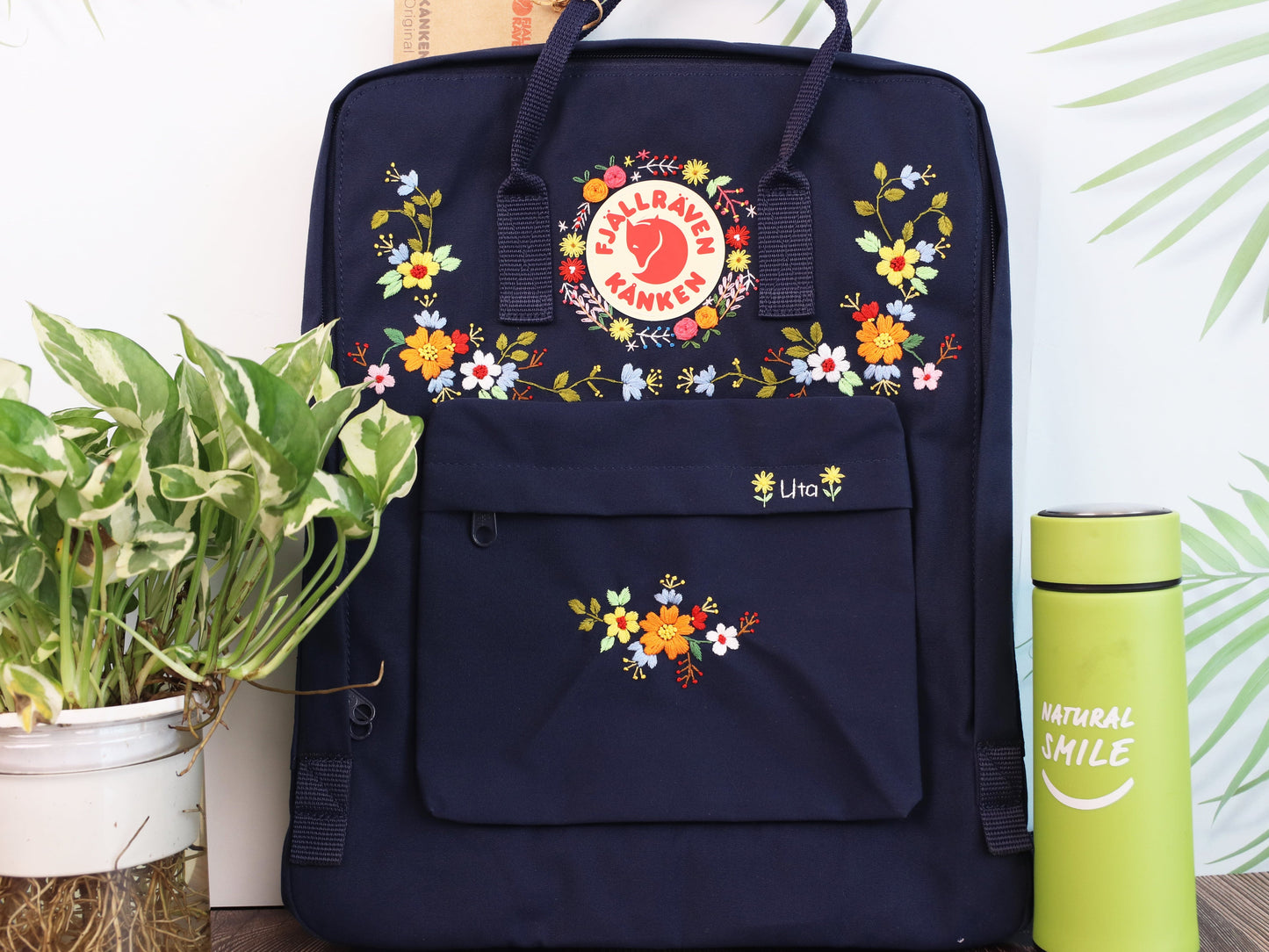 Fjallraven Kanken Backpack with Embroidered Art Flowers - Personalized Embroidered Backpack - Custom Bag for Women
