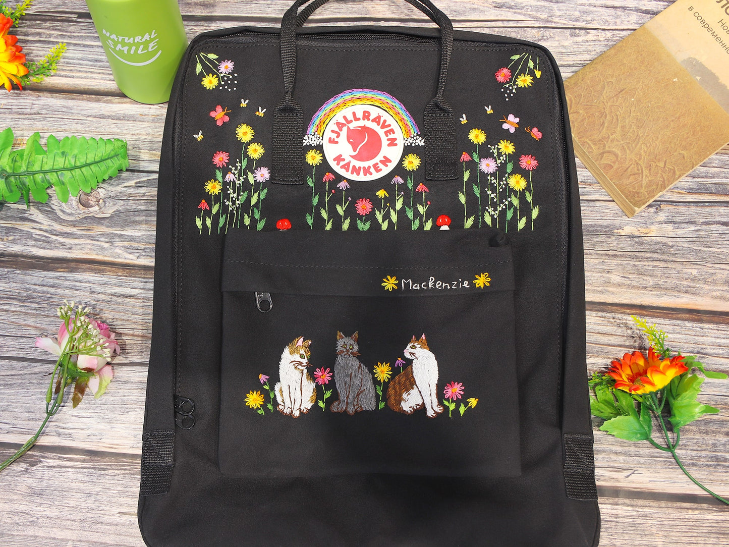 Fjallraven Kanken Backpack with Embroidered Cats - Personalized Embroidered Backpack - Custom Bag for Women