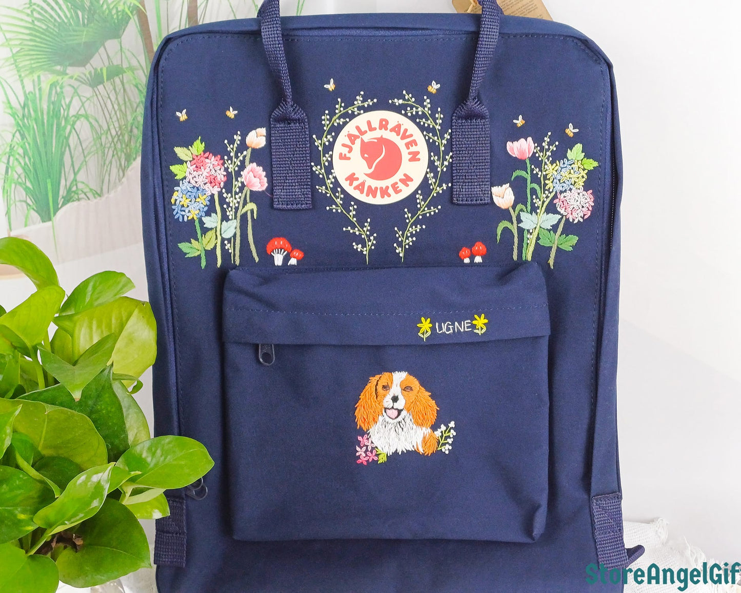 Fjallraven Kanken Backpack embroidered with hydrangea flowers and a pet dog - Personalized Embroidered Backpack - Custom Bag for Women