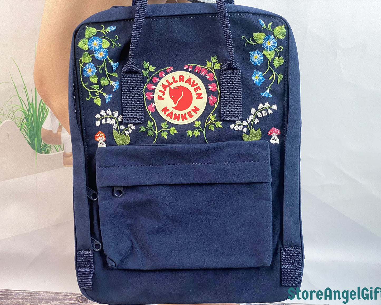 Custom Fjallraven Kanken Backpack – Morning Glory and Lily of the Valley Design - Personalized Embroidered Backpack - Custom Bag for Women