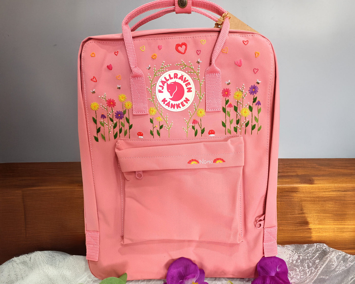 Fjällräven Kånken Backpack with Colorful Daisy and Heart Embroidery - Personalized Embroidered Backpack - Custom Bag for Women