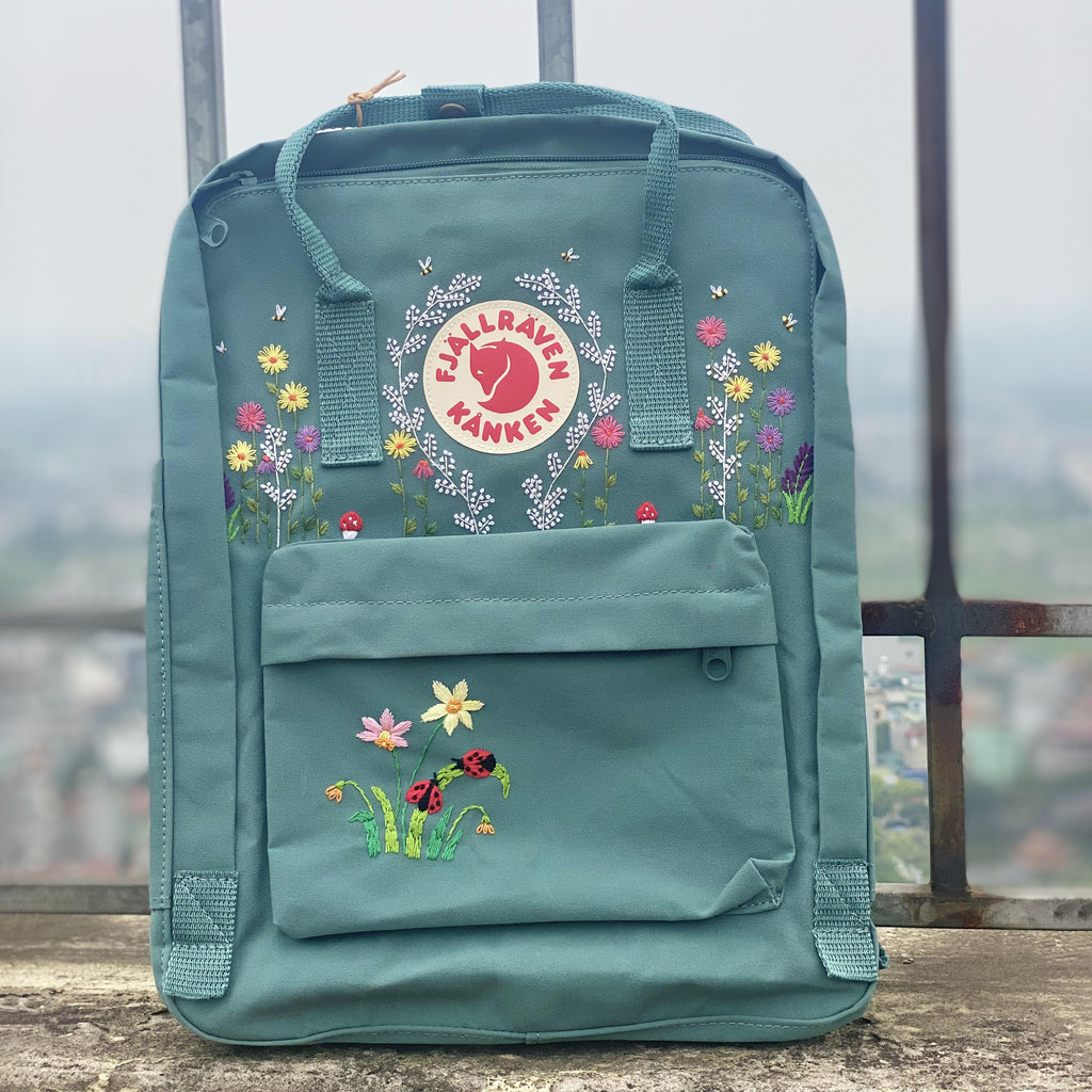  Fjallraven Kanken Backpack with Embroidered Flowers and Ladybugs - Personalized Embroidered Backpack - Custom Bag for Women 