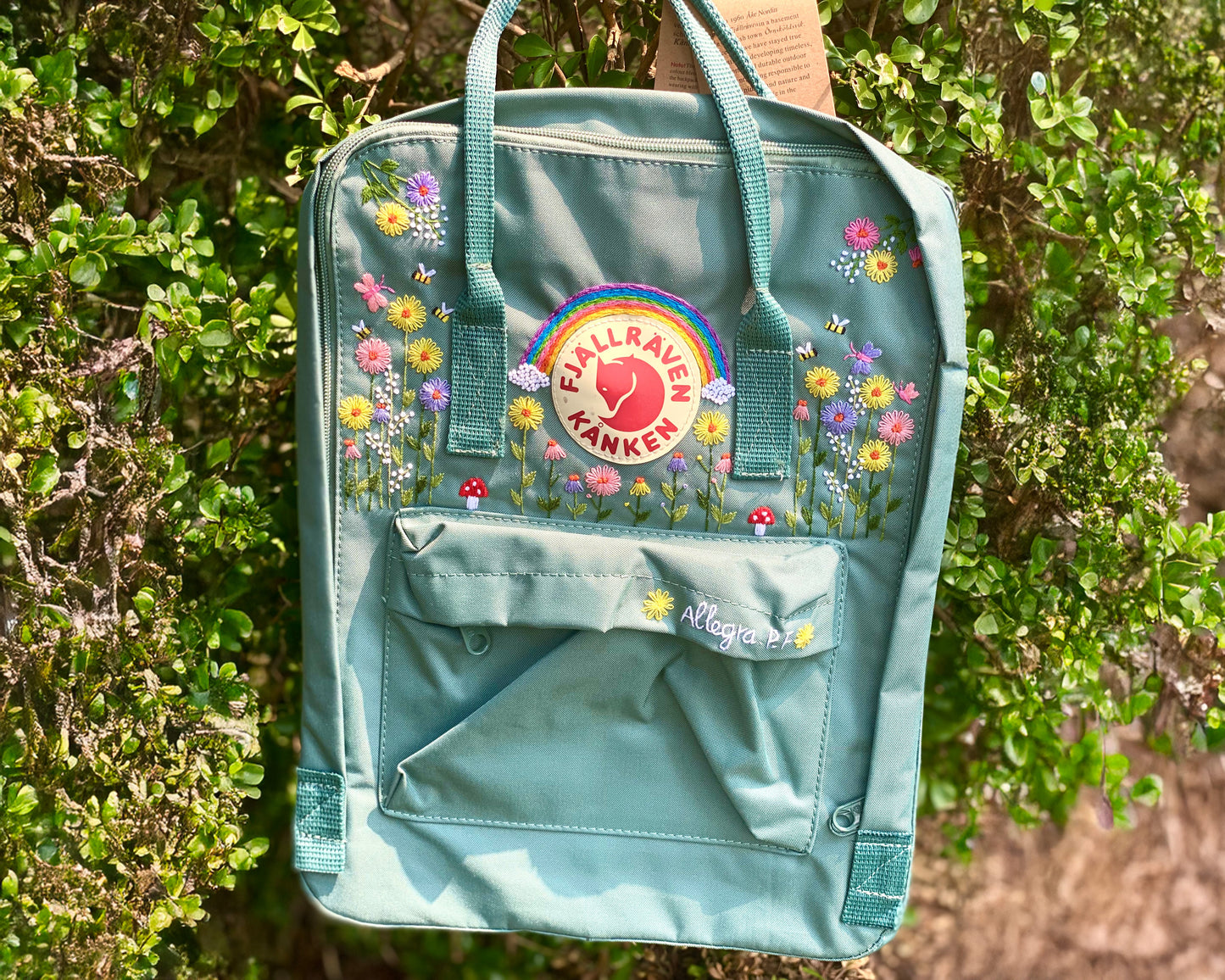 Fjallraven Kanken Backpack with Sunflower Garden, Rainbow, Bees and Butterflies Embroidery - Personalized Embroidered Backpack - Custom Bag for Women