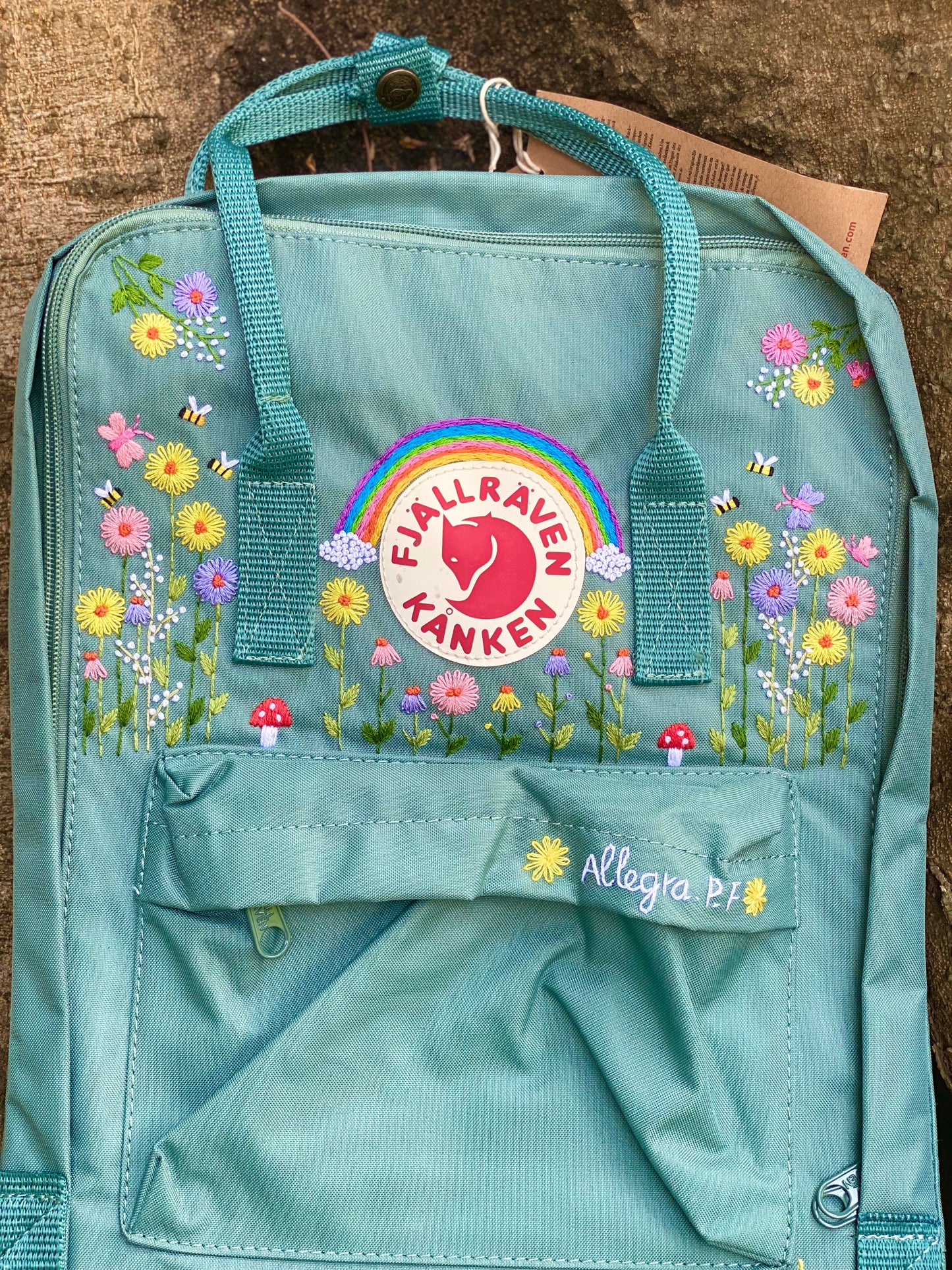 Fjallraven Kanken Backpack with Embroidered Daisy and The Rainbow - Personalized Embroidered Backpack - Custom Bag for Women