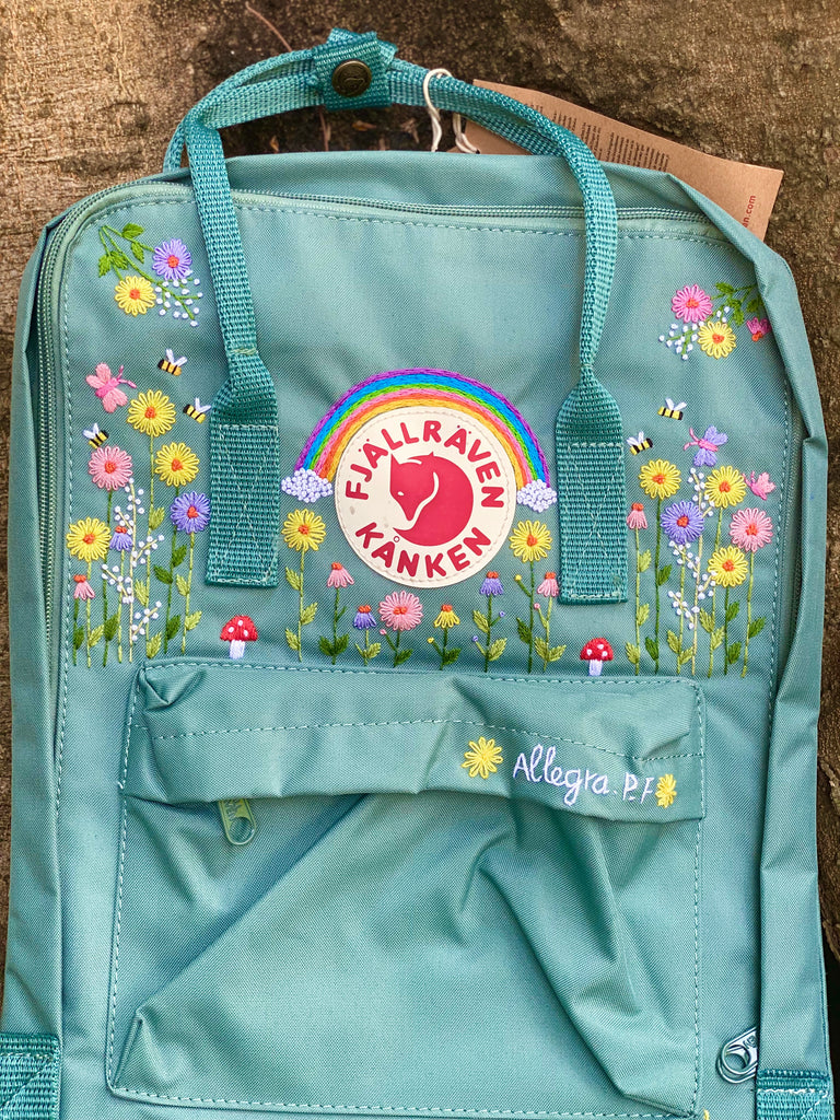  Fjallraven Kanken Backpack with Embroidered Daisy and The Rainbow - Personalized Embroidered Backpack - Custom Bag for Women 