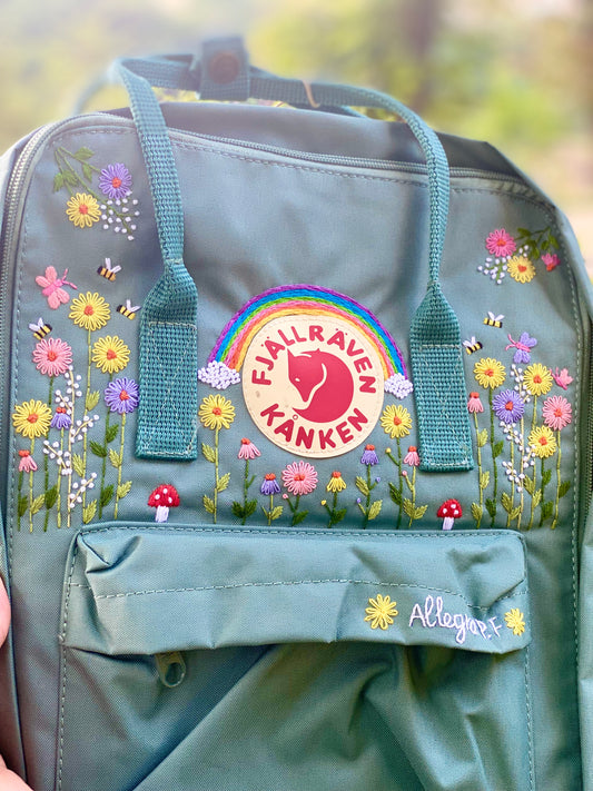 Fjallraven Kanken Backpack with Embroidered Daisy and The Rainbow - Personalized Embroidered Backpack - Custom Bag for Women
