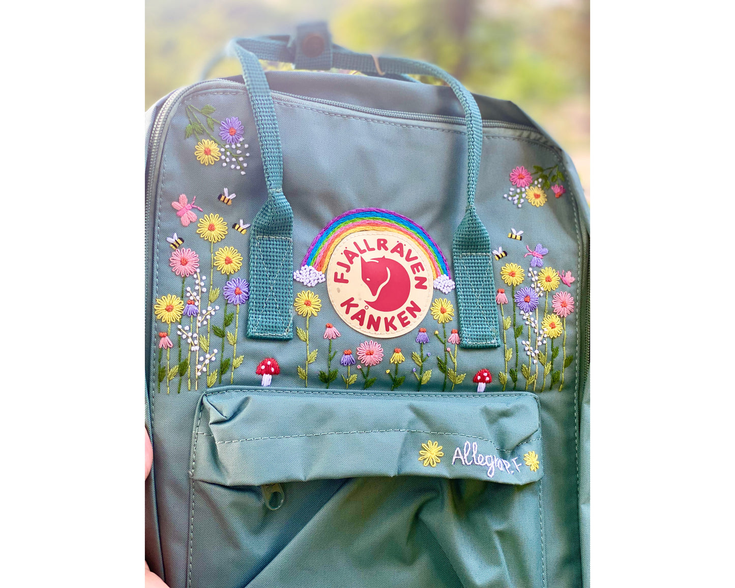 Fjallraven Kanken Backpack with Sunflower Garden, Rainbow, Bees and Butterflies Embroidery - Personalized Embroidered Backpack - Custom Bag for Women