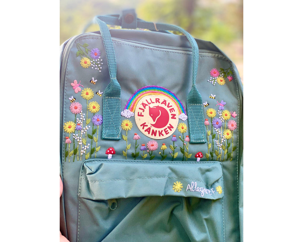  Fjallraven Kanken Backpack with Sunflower Garden, Rainbow, Bees and Butterflies Embroidery - Personalized Embroidered Backpack - Custom Bag for Women 