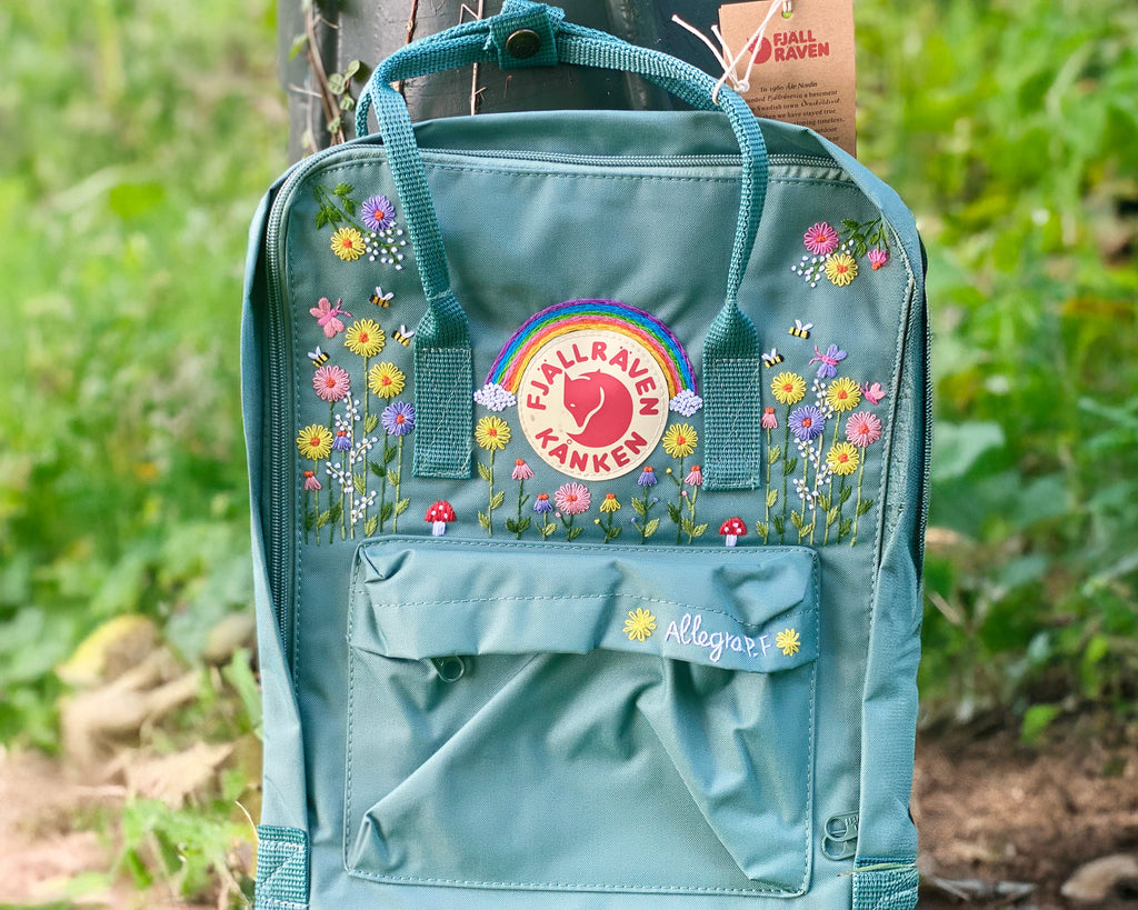  Fjallraven Kanken Backpack with Sunflower Garden, Rainbow, Bees and Butterflies Embroidery - Personalized Embroidered Backpack - Custom Bag for Women 