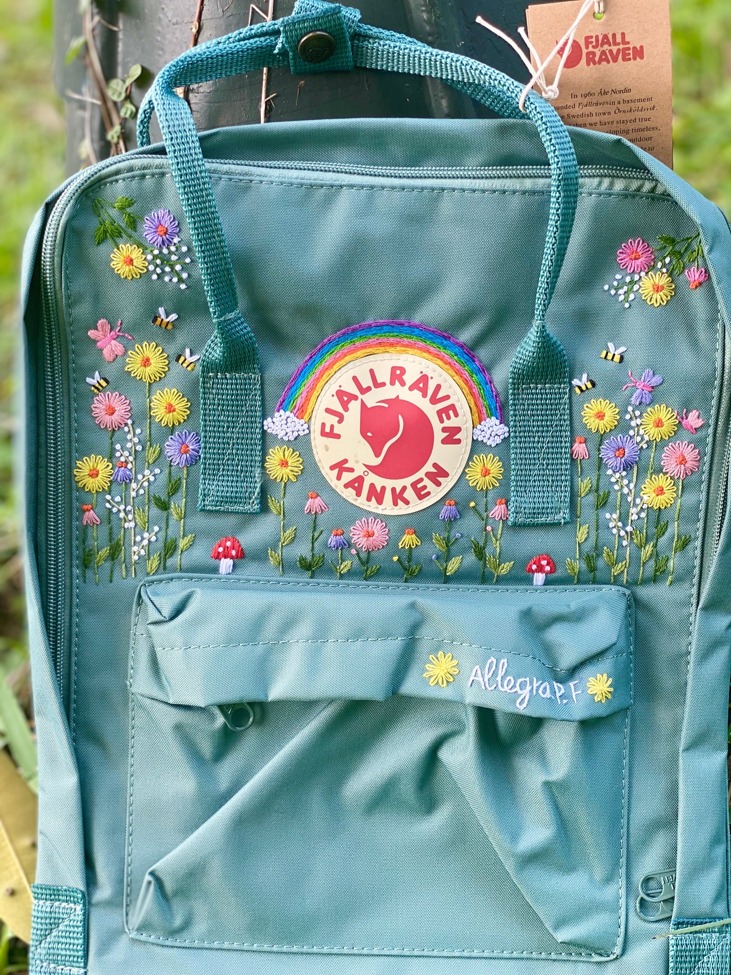 Fjallraven Kanken Backpack with Embroidered Daisy and The Rainbow - Personalized Embroidered Backpack - Custom Bag for Women