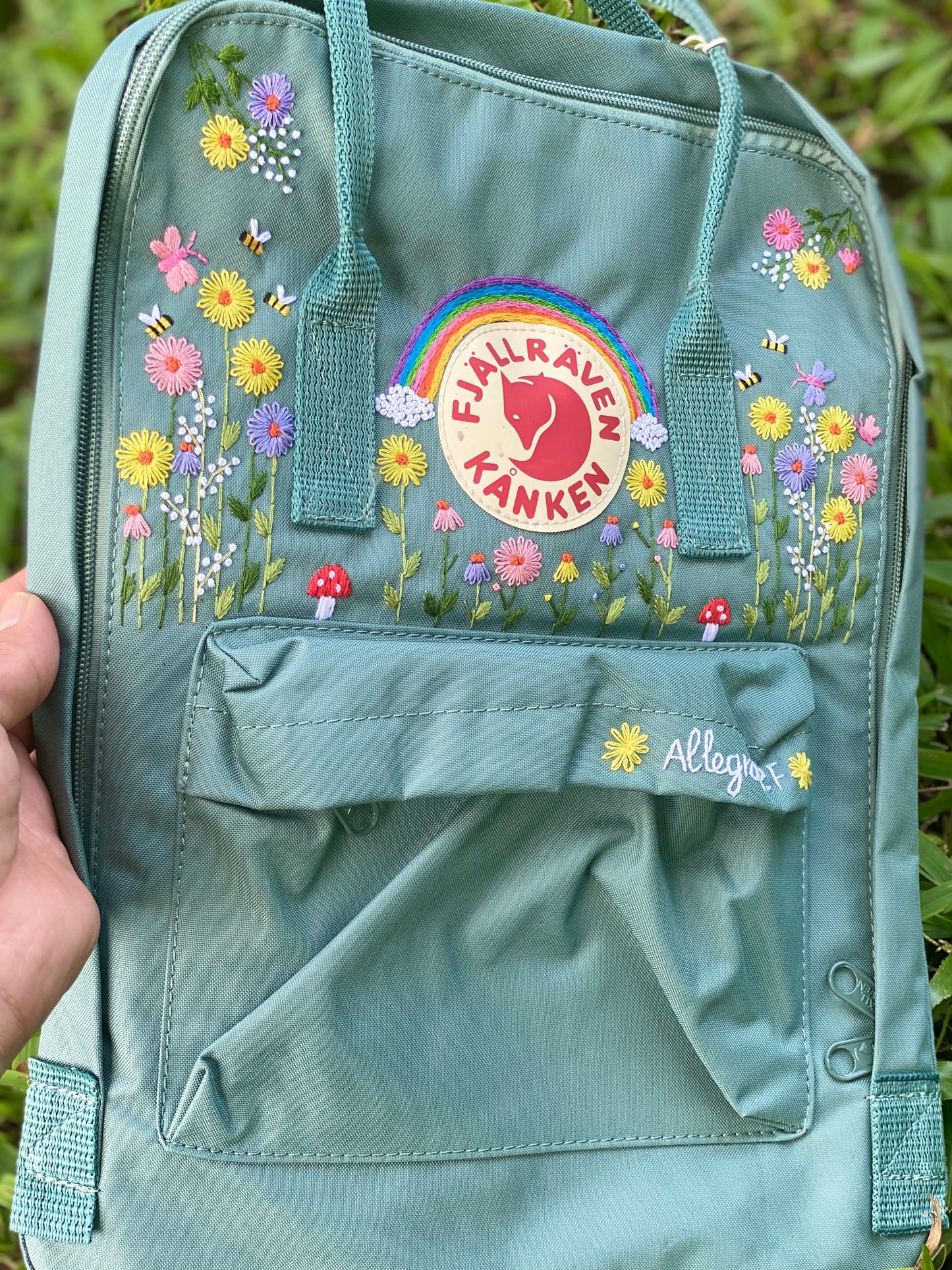 Fjallraven Kanken Backpack with Embroidered Daisy and The Rainbow - Personalized Embroidered Backpack - Custom Bag for Women
