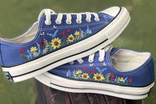 Customized Low-Cut Converse Shoes with Vibrant Sunflower Embroidery