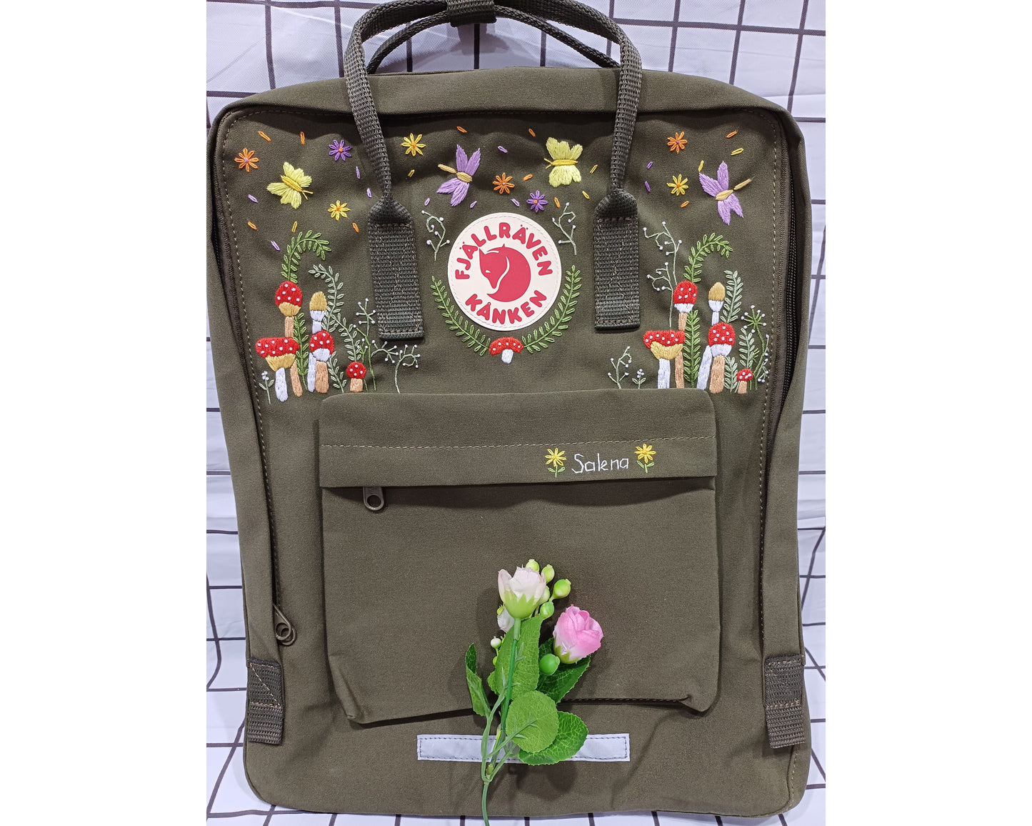 Fjallraven Kanken Backpack with Tropical Forest, Mushroom, Dragonfly and Butterfly Embroidery - Personalized Embroidered Backpack - Custom Bag for Women