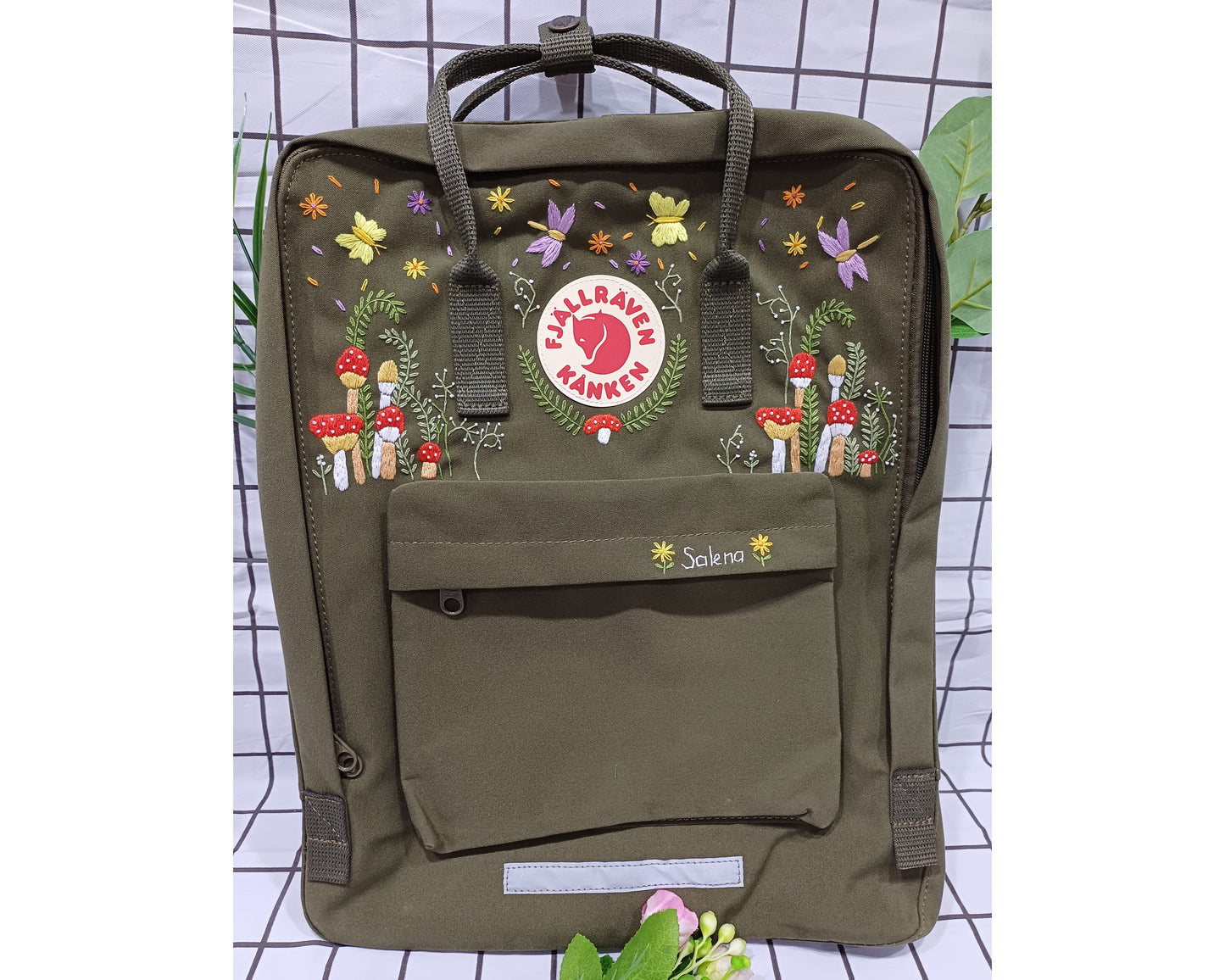 Fjallraven Kanken Backpack with Tropical Forest, Mushroom, Dragonfly and Butterfly Embroidery - Personalized Embroidered Backpack - Custom Bag for Women