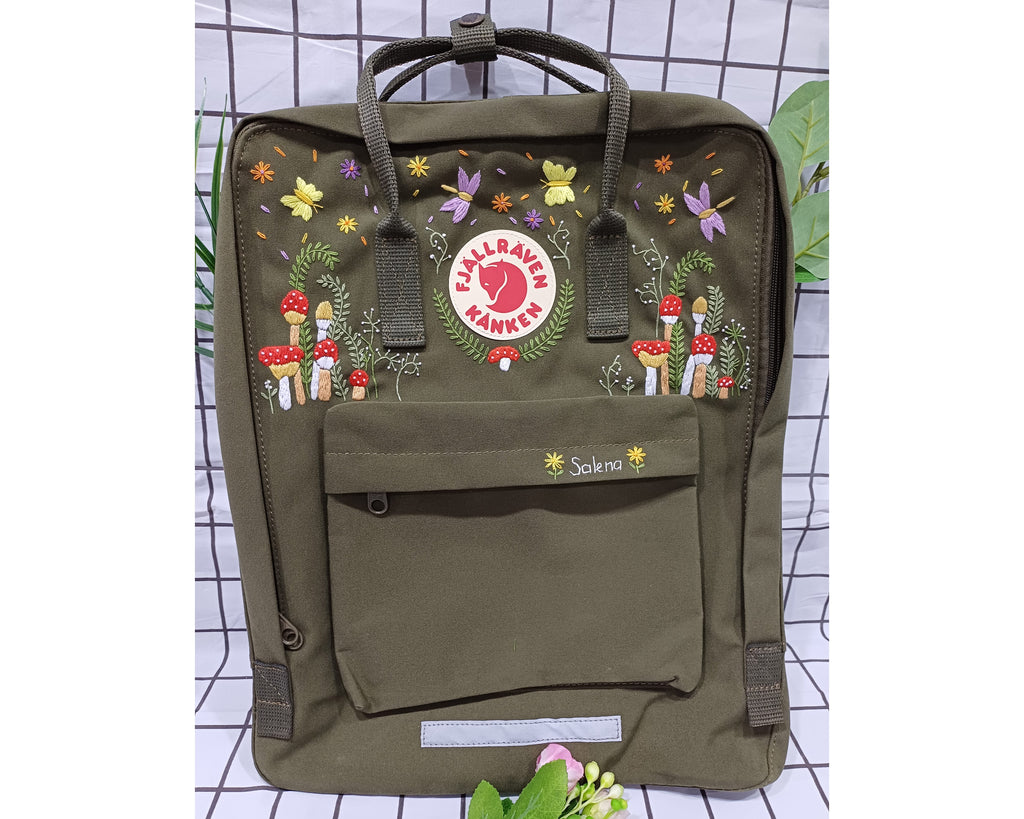  Fjallraven Kanken Backpack with Tropical Forest, Mushroom, Dragonfly and Butterfly Embroidery - Personalized Embroidered Backpack - Custom Bag for Women 