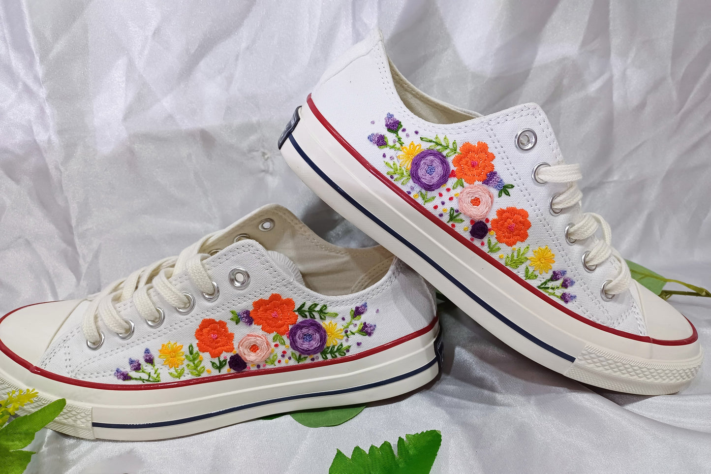 Customized Low-Cut Converse Shoes with Vibrant wildflowers Embroidery