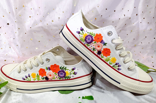 Customized Low-Cut Converse Shoes with Vibrant wildflowers Embroidery