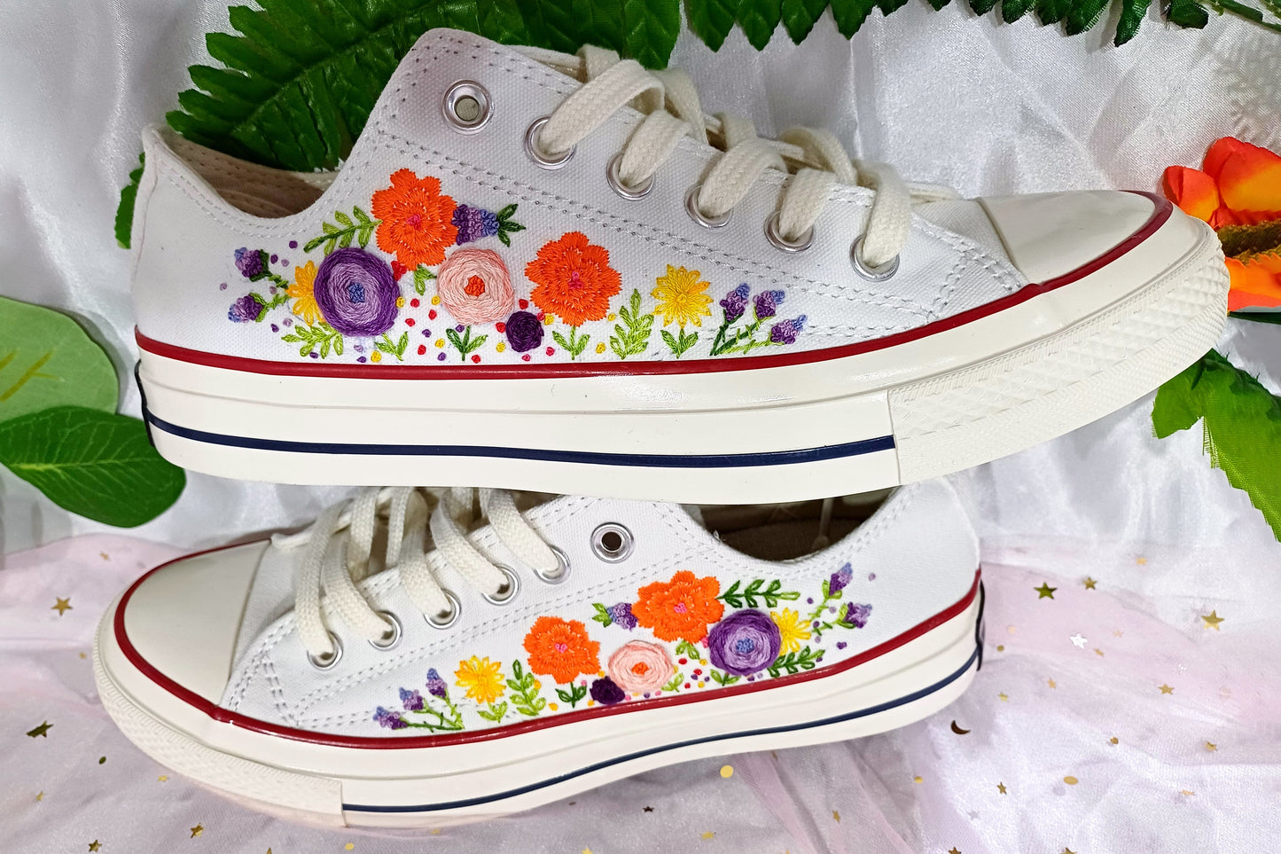 Customized Low-Cut Converse Shoes with Vibrant wildflowers Embroidery