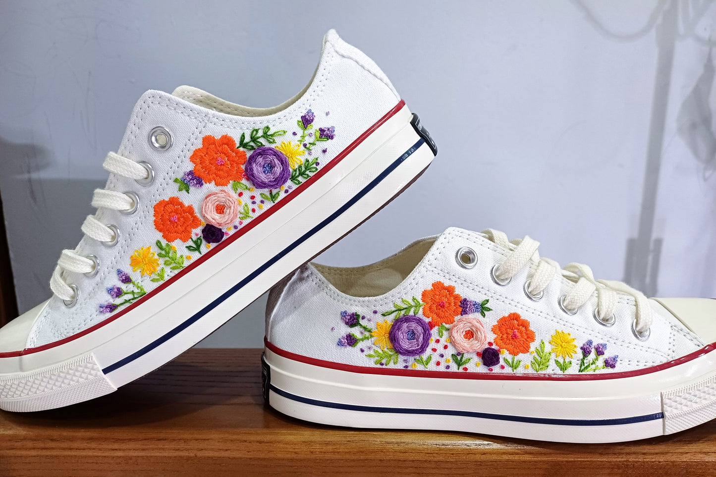 Customized Low-Cut Converse Shoes with Vibrant wildflowers Embroidery