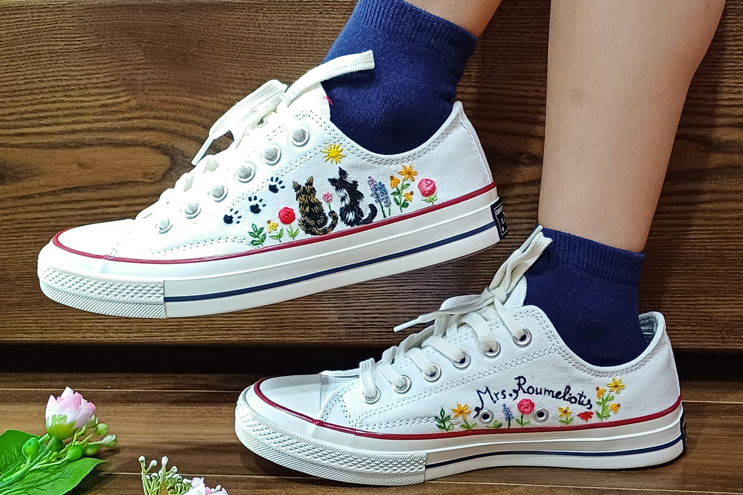 Custom cat embroidered low top converse shoes, Custom embroidered pets