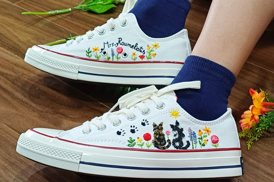 Custom cat embroidered low top converse shoes, Custom embroidered pets