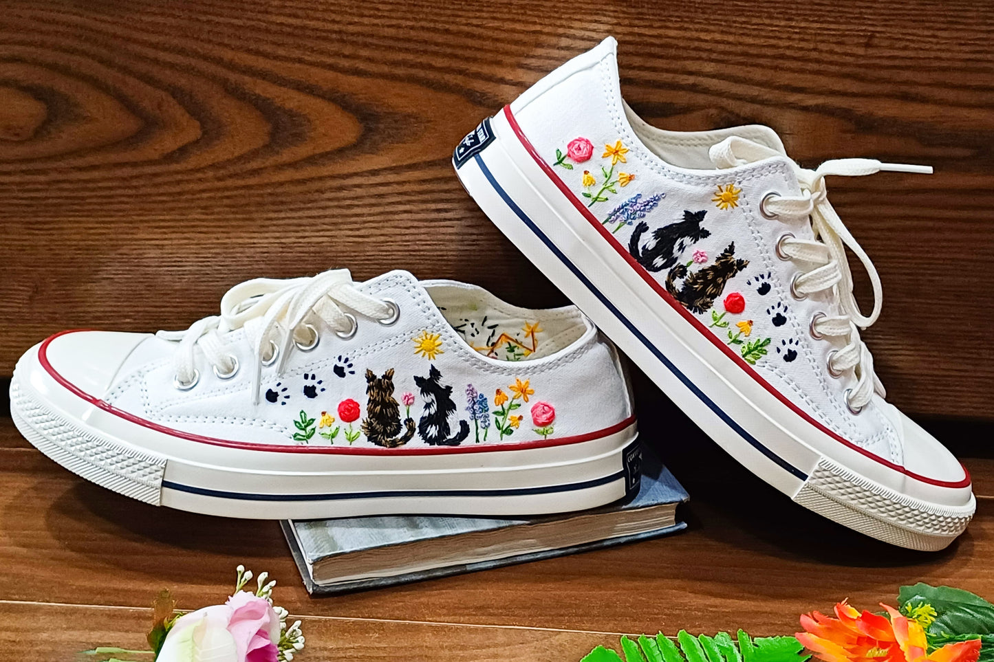 Custom cat embroidered low top converse shoes, Custom embroidered pets