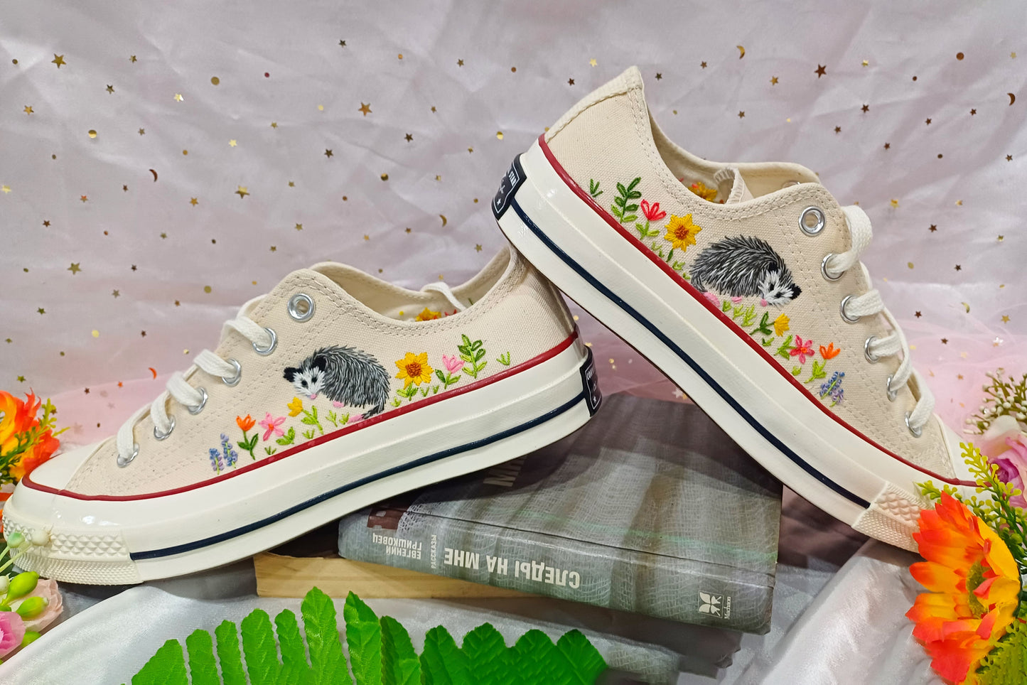 Converse low top opossum embroidered shoes/ Opossum embroidered on converse shoes