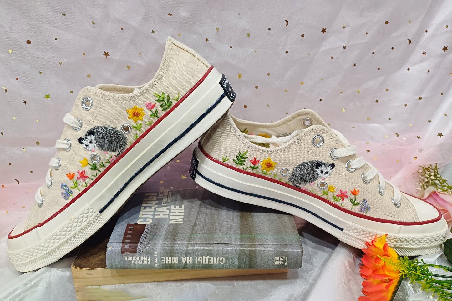 Converse low top opossum embroidered shoes/ Opossum embroidered on converse shoes