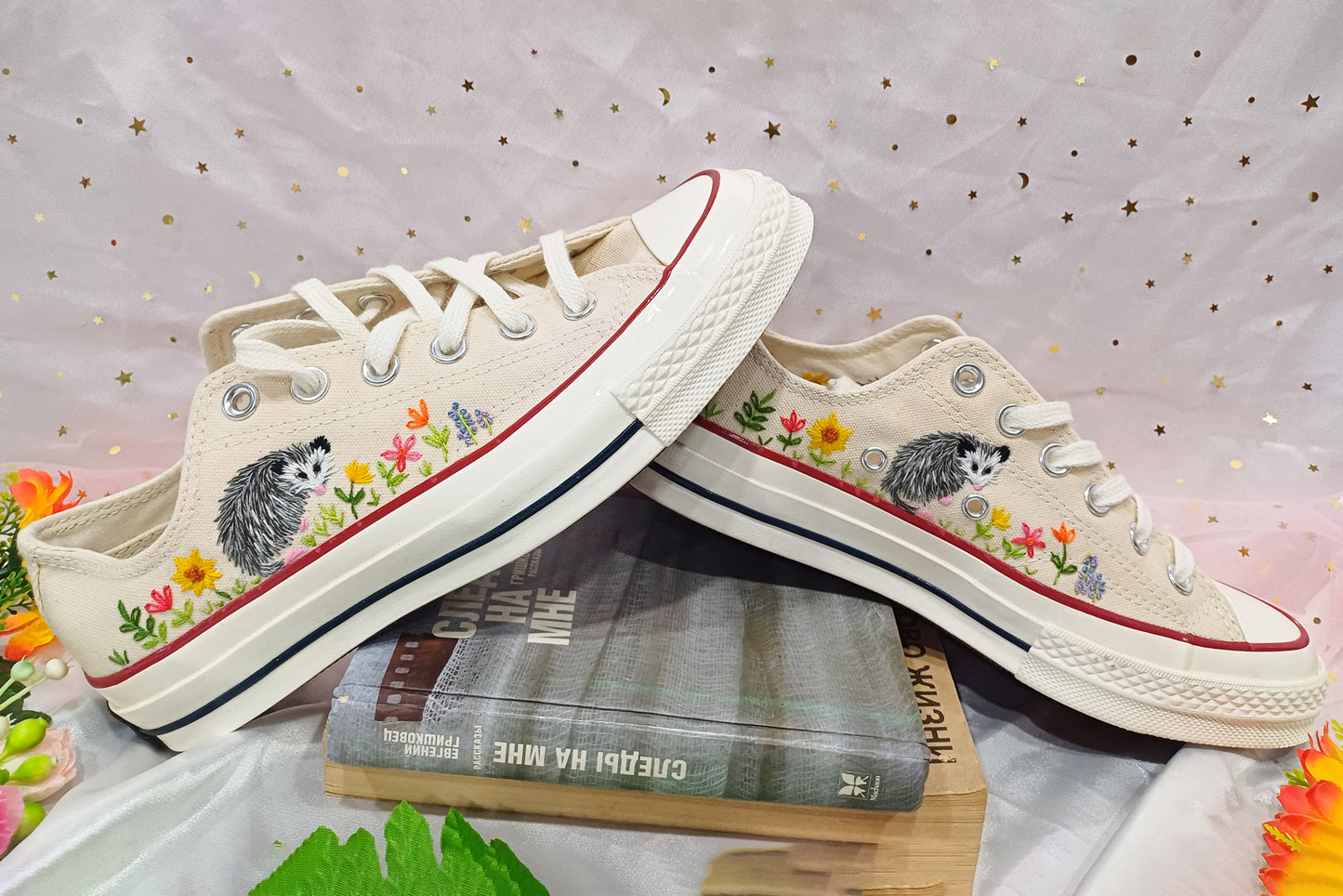 Converse low top opossum embroidered shoes/ Opossum embroidered on converse shoes