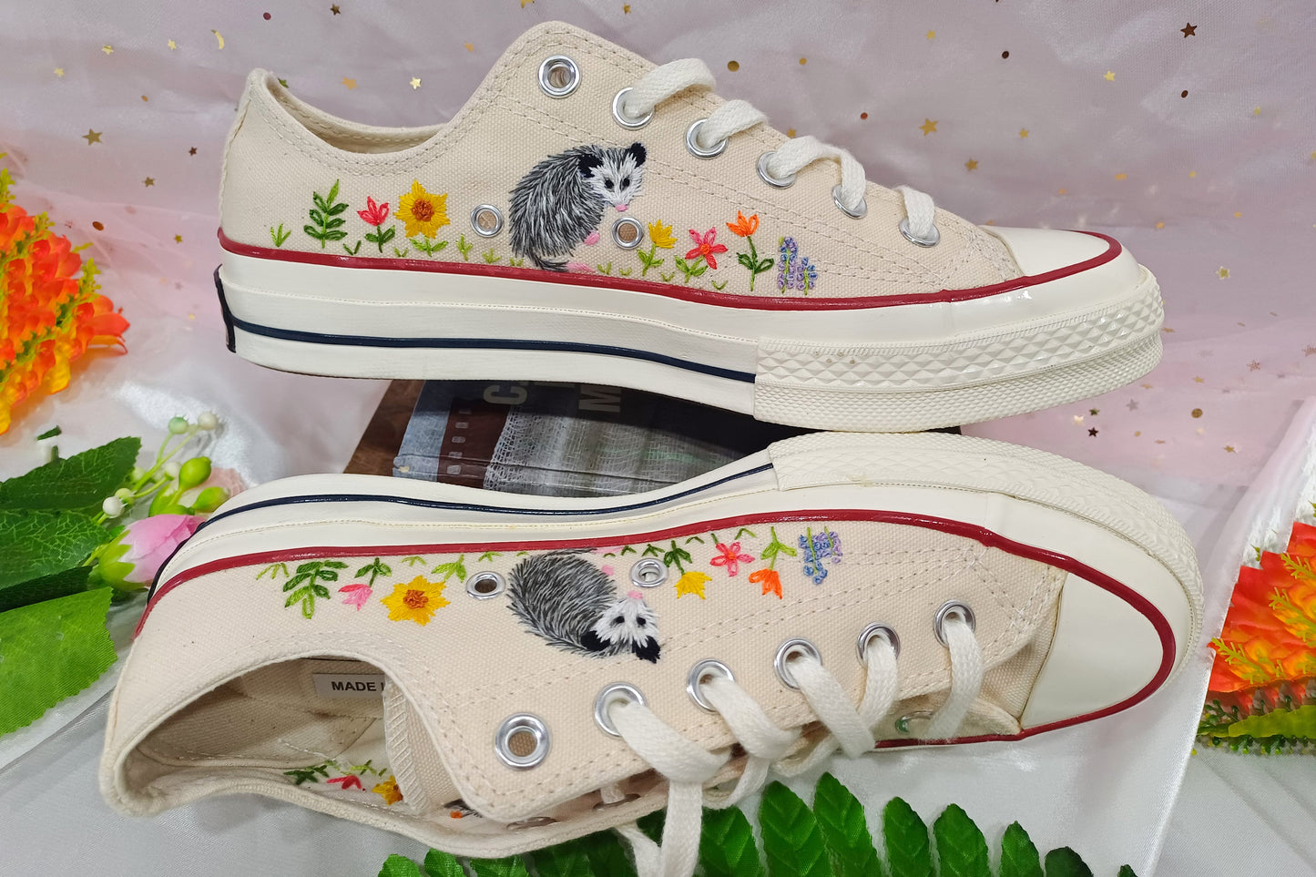 Converse low top opossum embroidered shoes/ Opossum embroidered on converse shoes