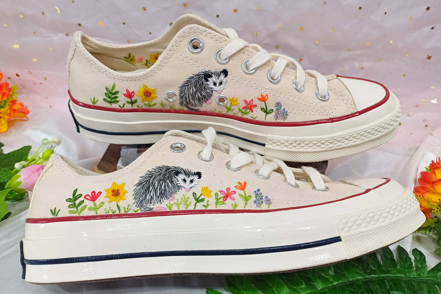 Converse low top opossum embroidered shoes/ Opossum embroidered on converse shoes