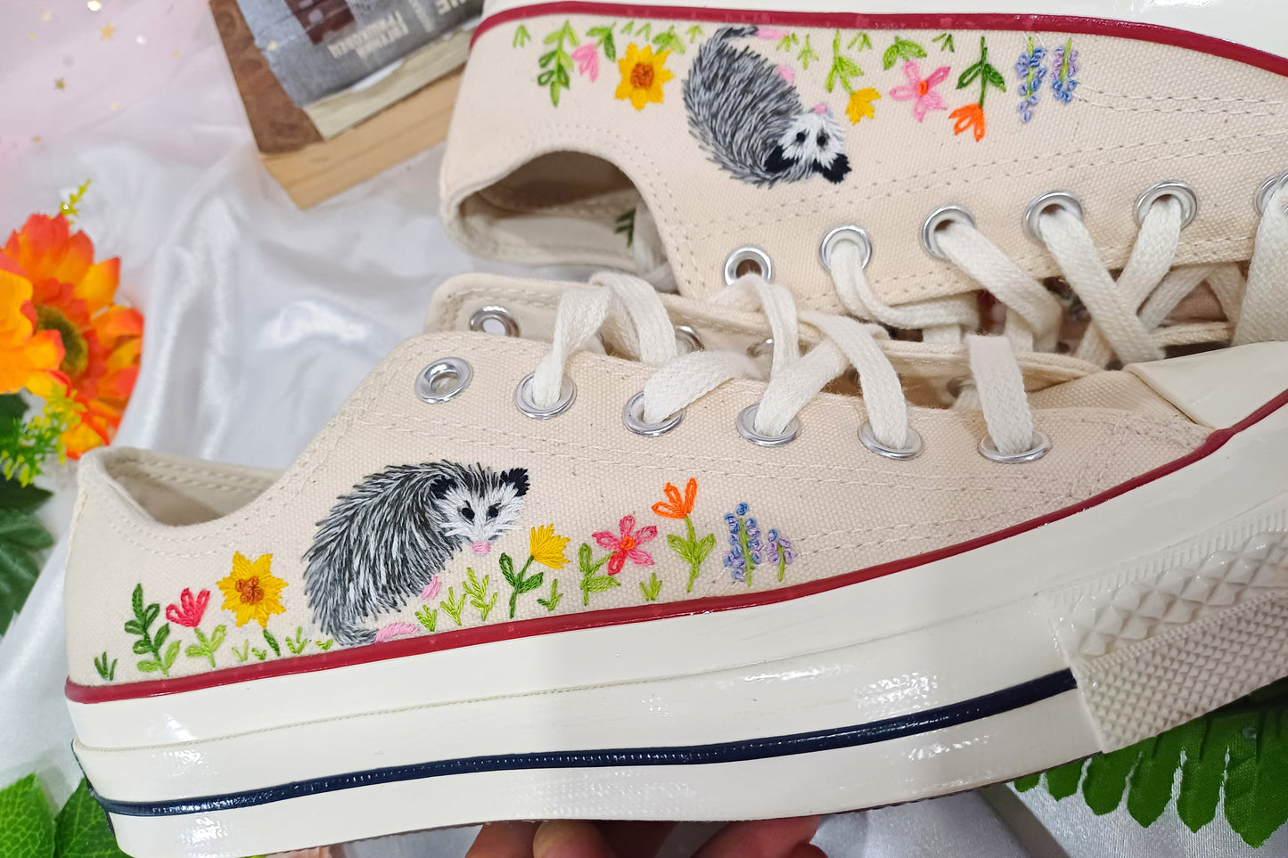 Converse low top opossum embroidered shoes/ Opossum embroidered on converse shoes