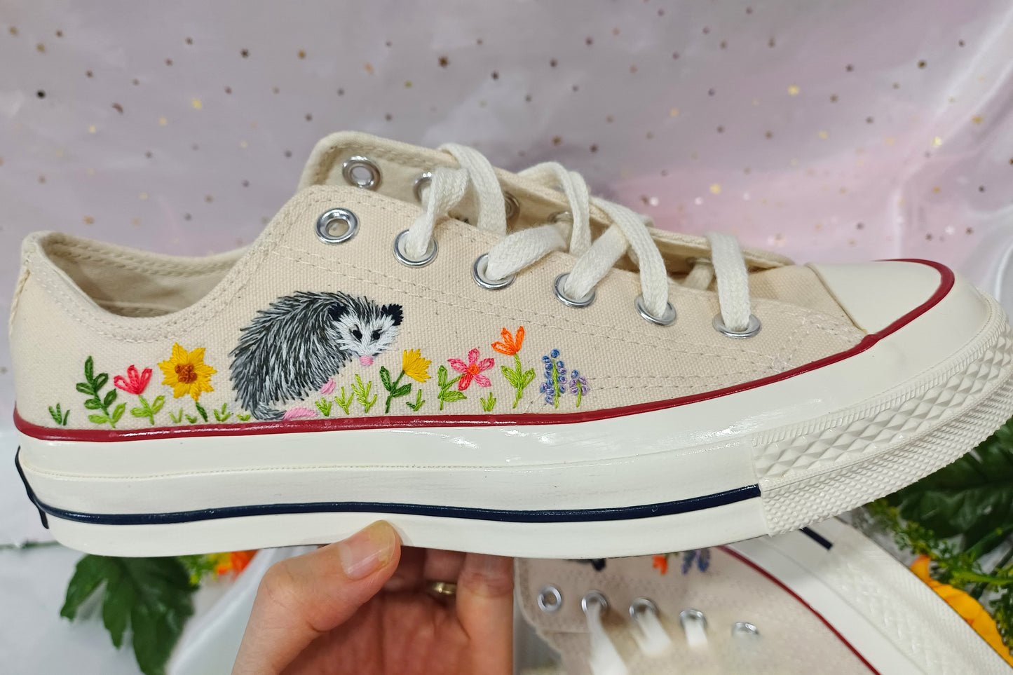 Converse low top opossum embroidered shoes/ Opossum embroidered on converse shoes