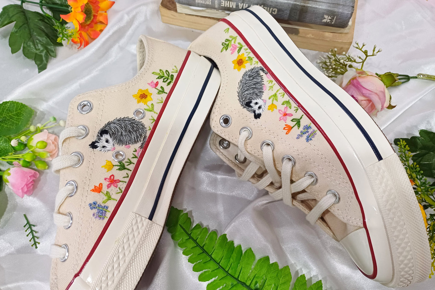 Converse low top opossum embroidered shoes/ Opossum embroidered on converse shoes