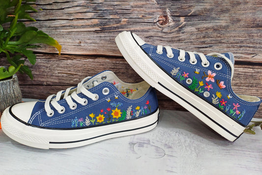 Converse Low-Top Shoes Embroidered Colorful Wildflowers, Wildflower embroidered